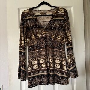Susan Lawrence Geometric Long Sleeve Top - Brown and Black